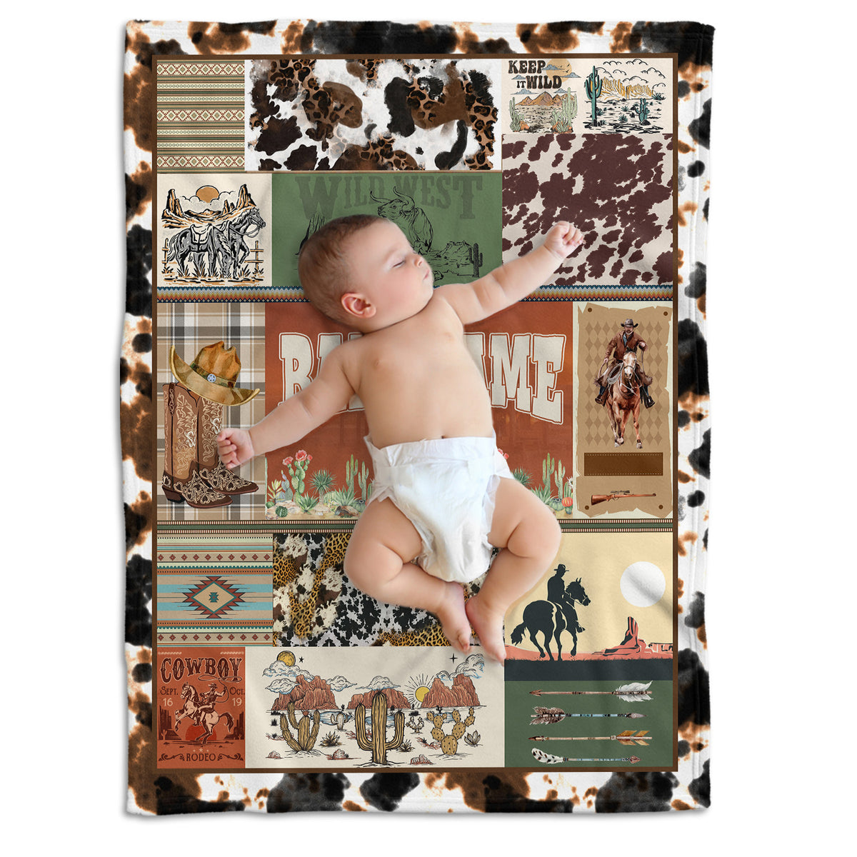 Personalized Baby Blankets for Boys Girls, Cowboy Baby Blanket Name, Swaddle Blanket with Cow Prints for Crib Stroller Bed Travel