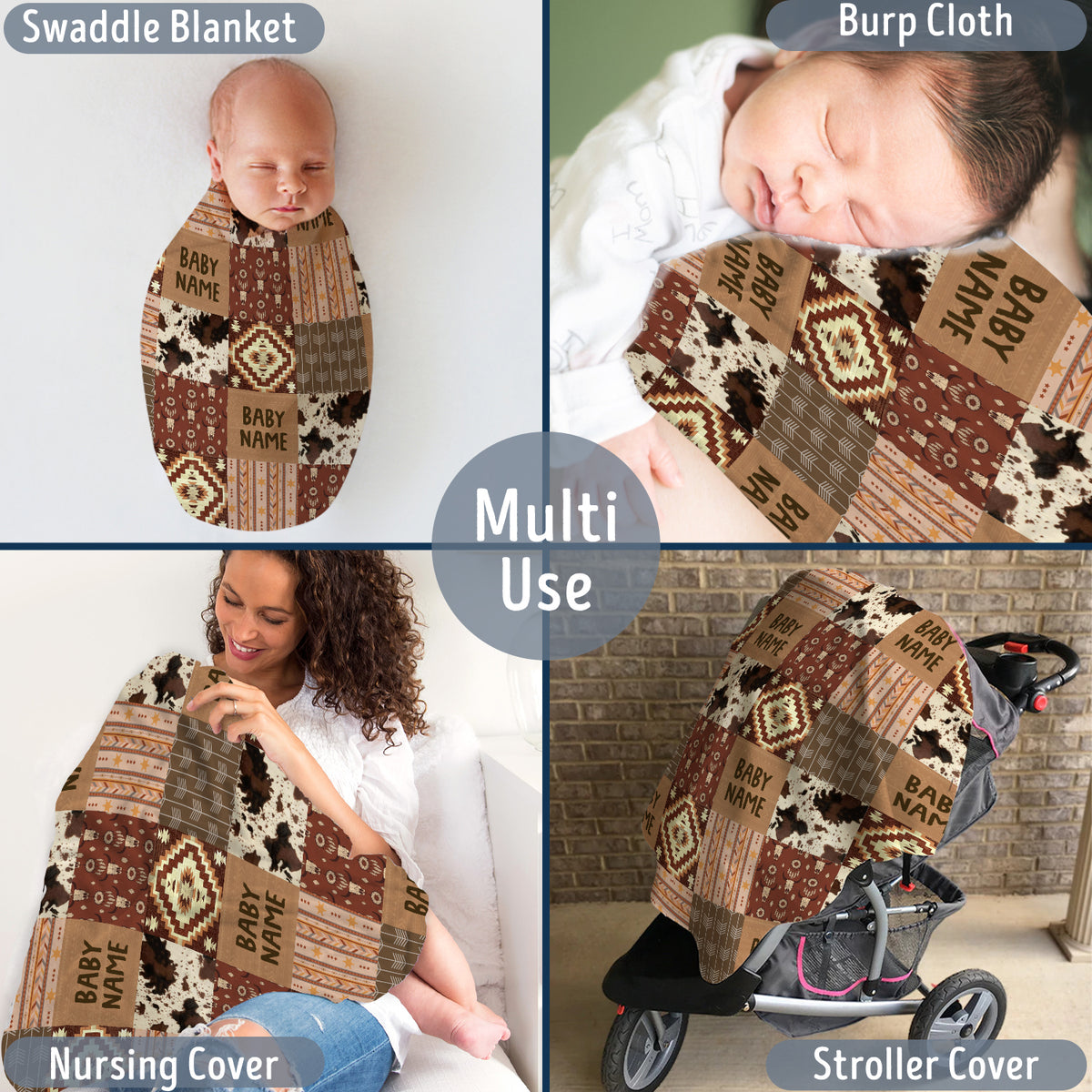 Personalized Baby Blankets for Boys Girls, Cowboy Baby Blanket Name, Swaddle Blanket with Cow Prints for Crib Stroller Travel Bed