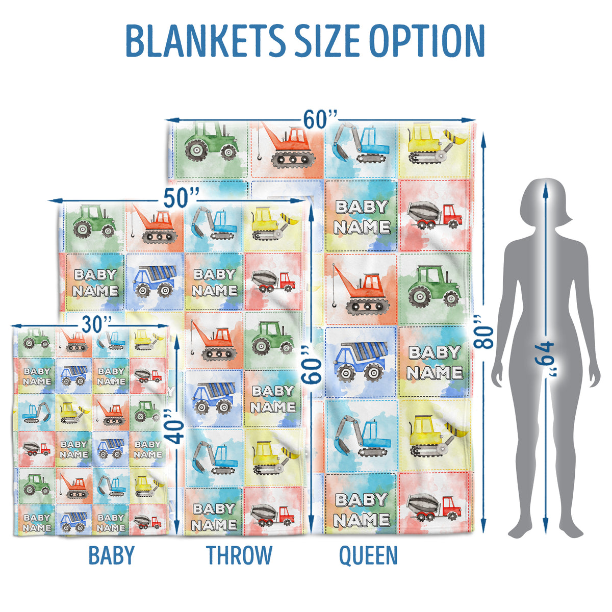 Personalized Baby Blankets for Boys, Truck Baby Blanket, Swaddle Blanket with Trucks, 3 Sizes Plush Blankets for Baby Boy Son