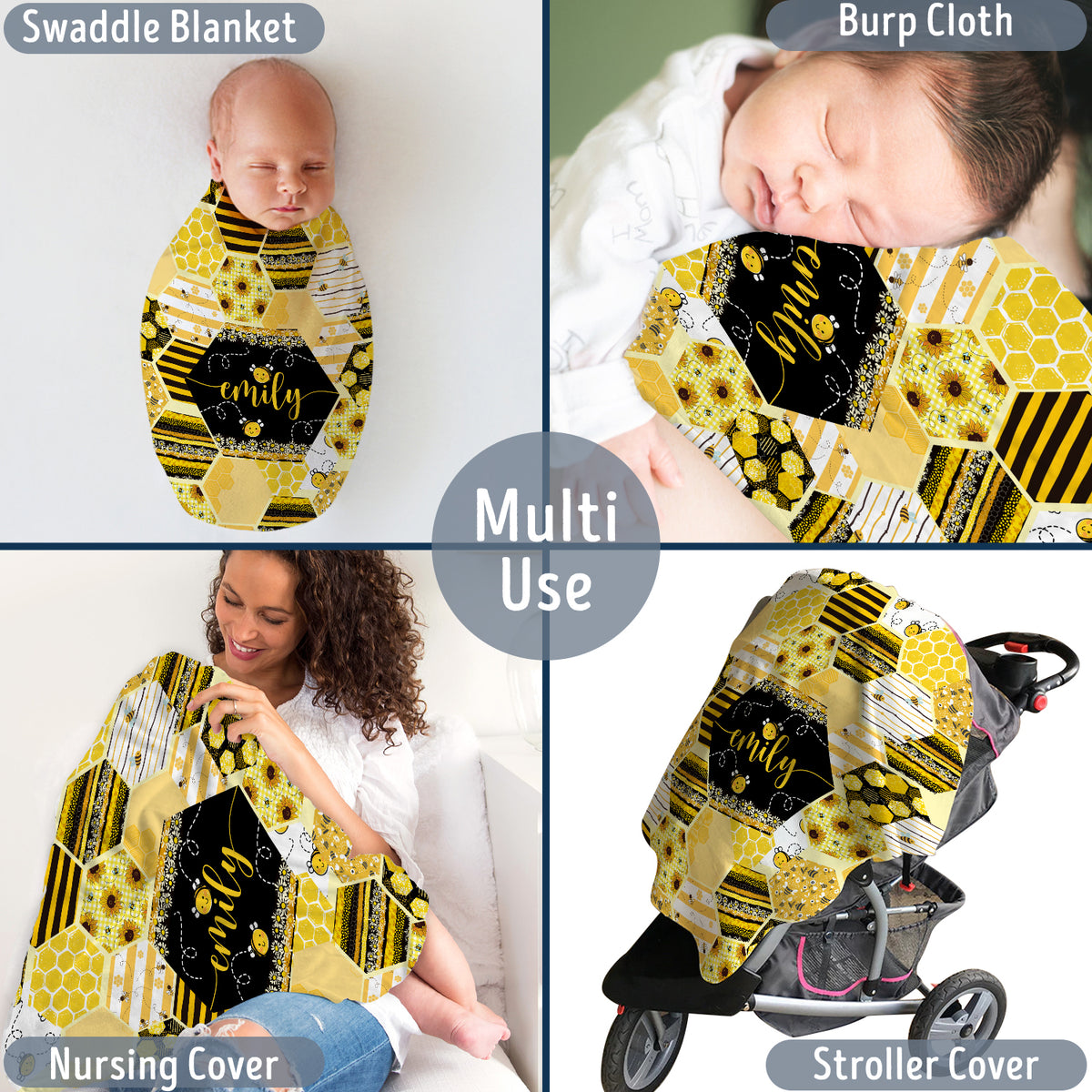 Personalized Baby Blankets for Girls - Custom Bee Baby Blankets with Name, Swaddle Blankets in 3 Sizes for Newborn, Gift For Baby