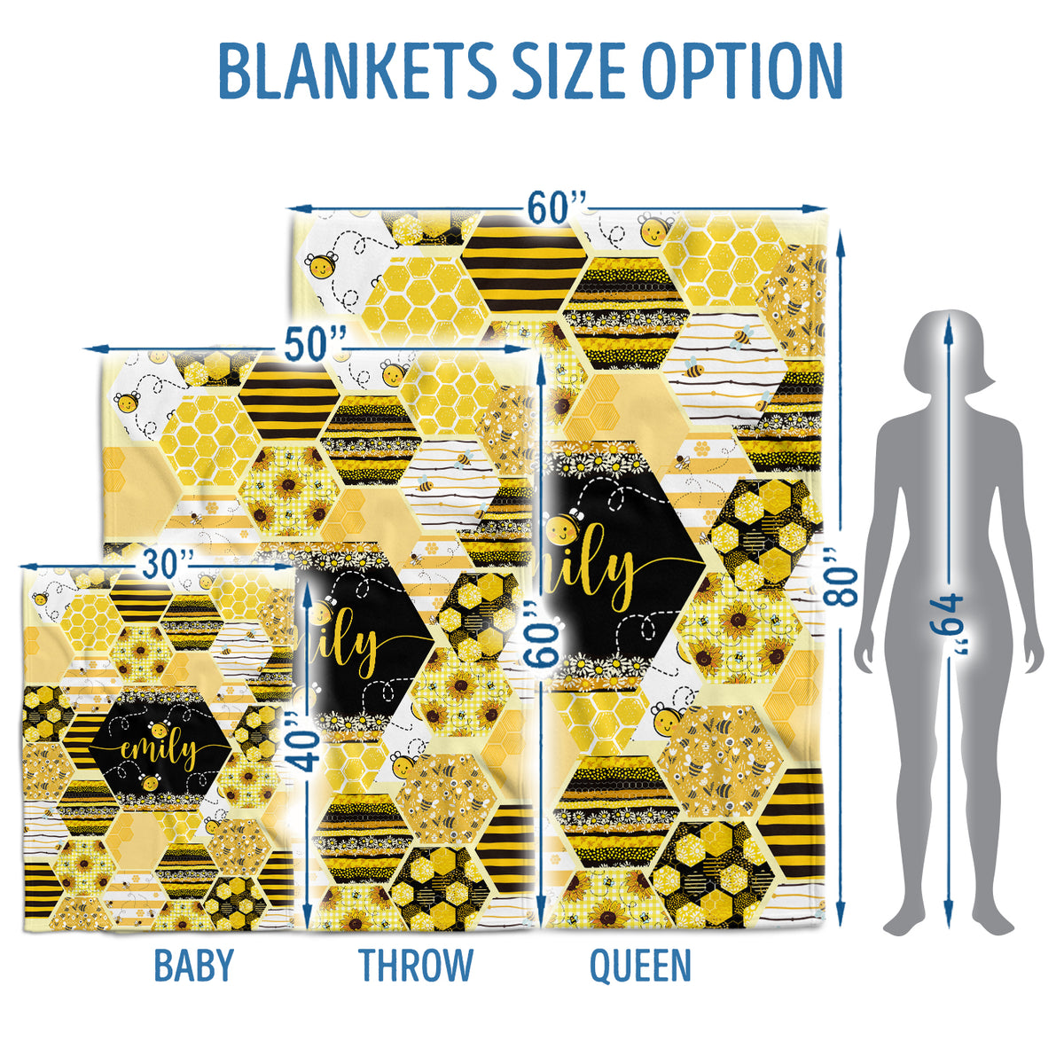Personalized Baby Blankets for Girls - Custom Bee Baby Blankets with Name, Swaddle Blankets in 3 Sizes for Newborn, Gift For Baby