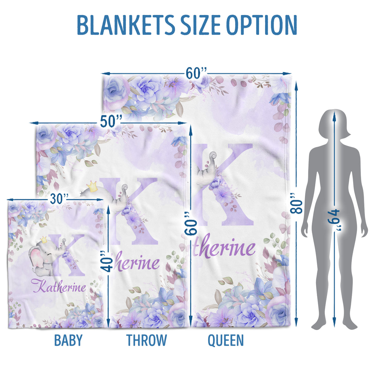 Personalized Baby Blankets for Girls, Elephant Baby Blankets for Girl, Purple Flowers Blankets, Custom Baby Blankets Initial Name