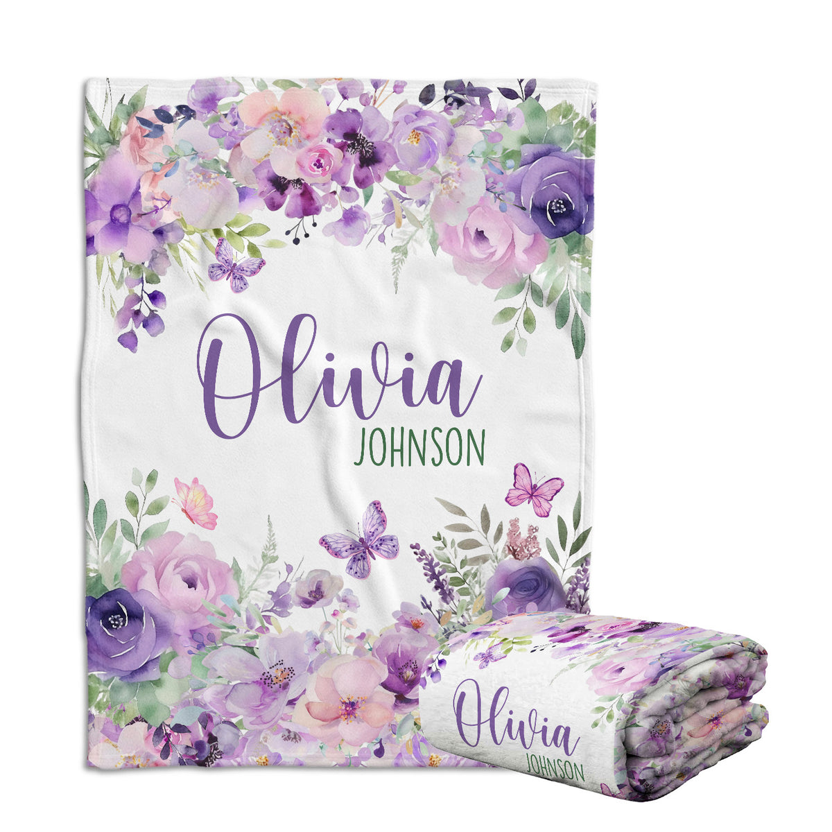 Personalized Baby Blankets for Girls, Purple Baby Blankets Girl, Purple Flowers Blankets, Custom Baby Blankets with Name, for Daughter Granddaughter