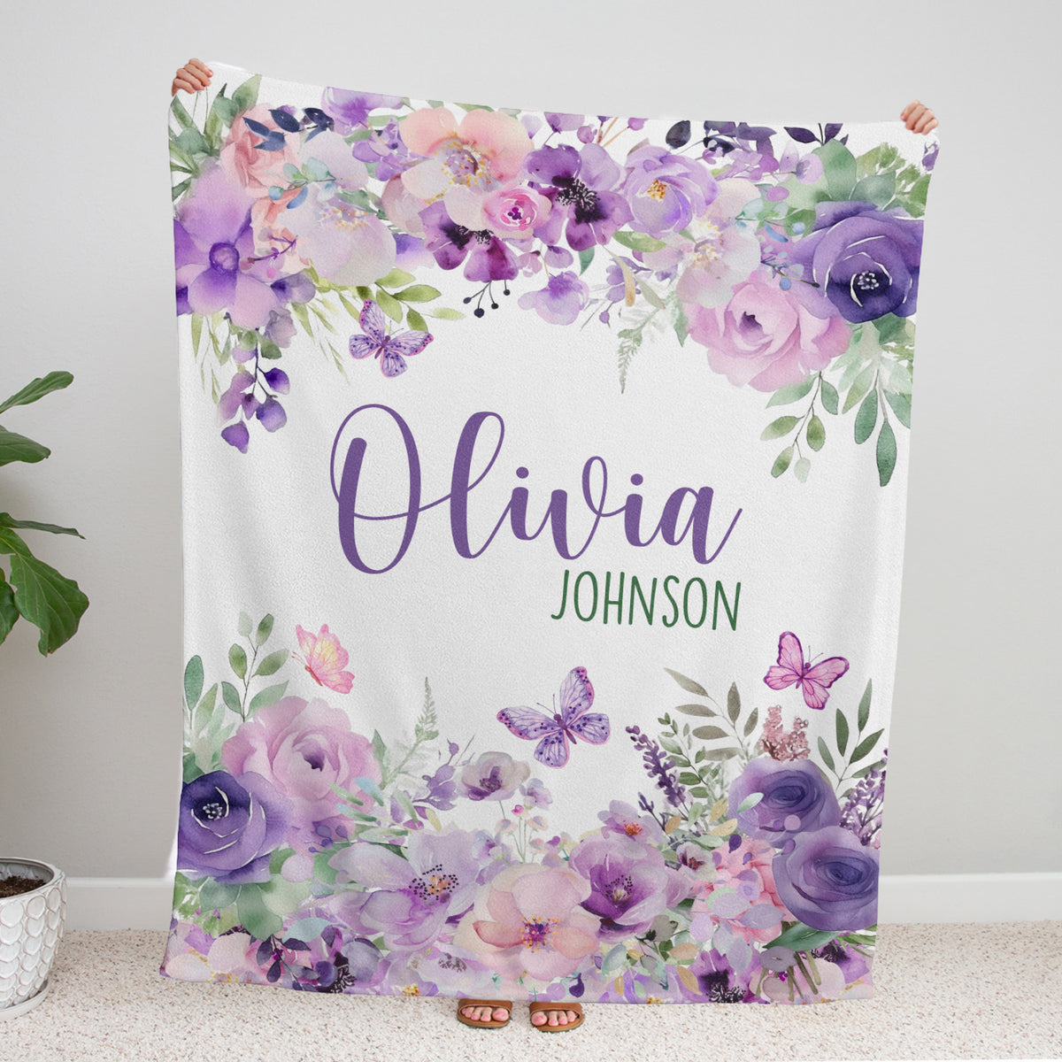 Personalized Baby Blankets for Girls, Purple Baby Blankets Girl, Purple Flowers Blankets, Custom Baby Blankets with Name, for Daughter Granddaughter