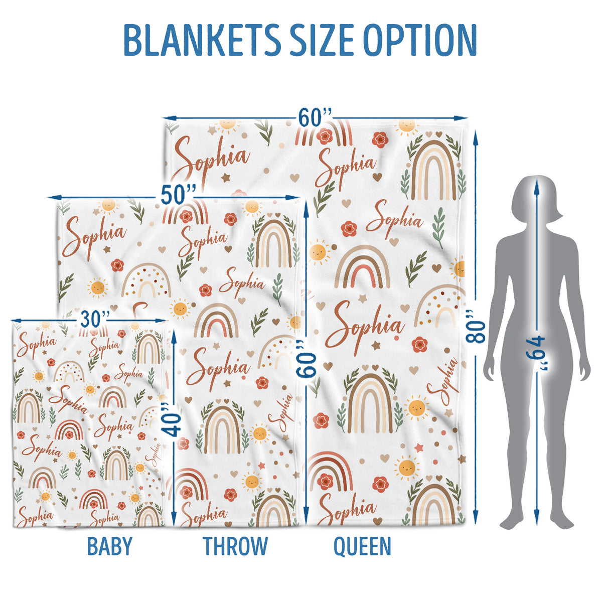 Personalized Baby Blankets for Girls, Rainbow Baby Blankets Girl, Rainbow Pattern Baby Blankets, for Daughter Granddaughter