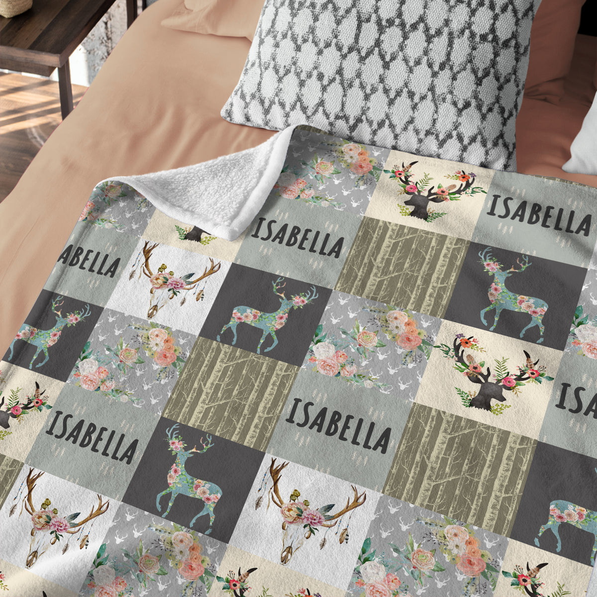 Personalized Baby Blankets for Girls - Woodland & Flowers, Custom Name, Deer & Swaddle Blanket, 3 Sizes Plush
