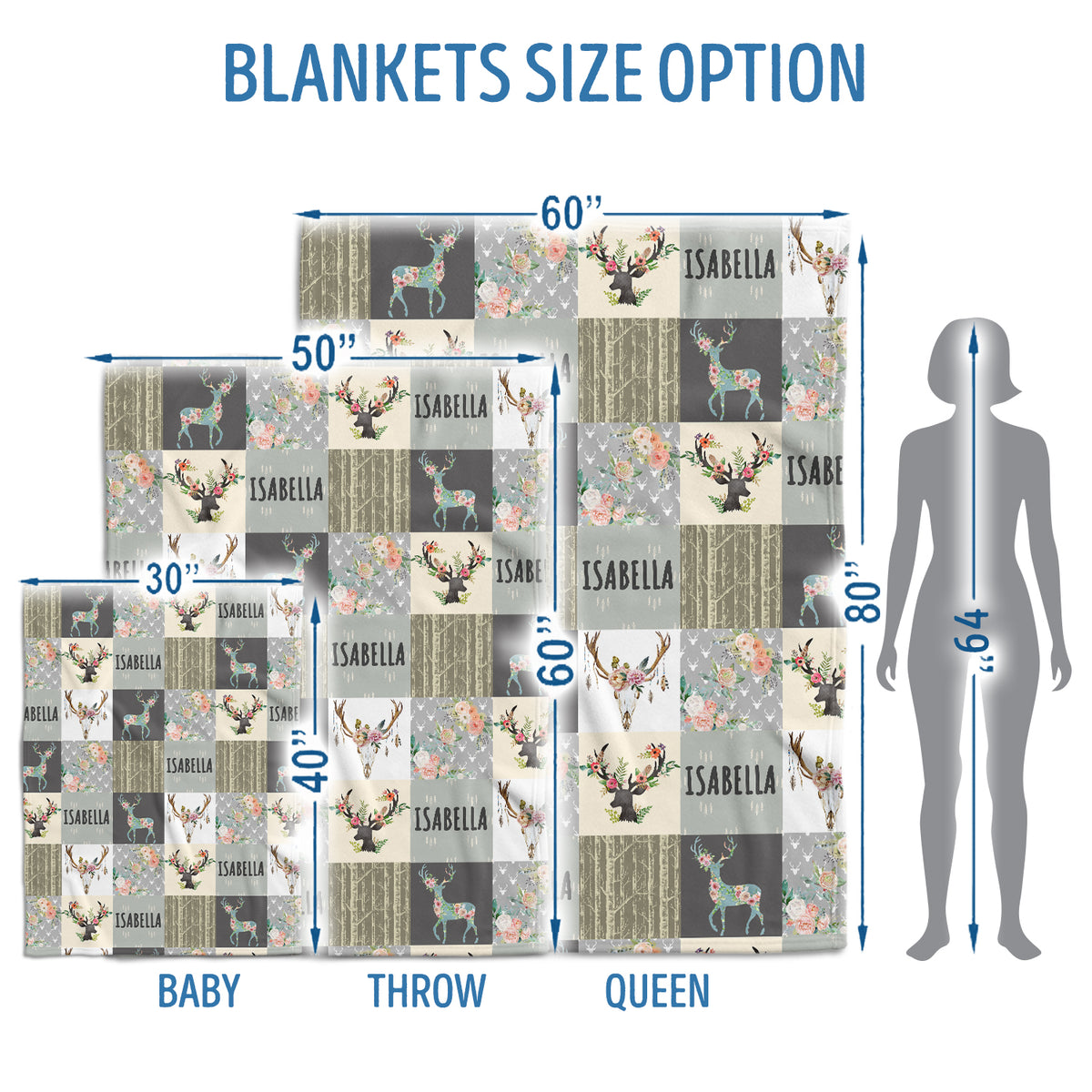 Personalized Baby Blankets for Girls - Woodland & Flowers, Custom Name, Deer & Swaddle Blanket, 3 Sizes Plush