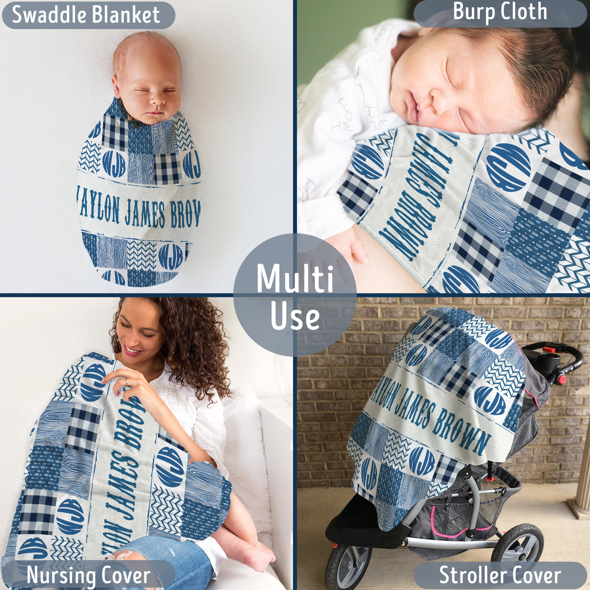 Personalized Baby Boy Blanket - Blue Monogrammed Swaddle With Name or Initials - Custom Plush Blanket for Son, Grandson, Newborn, Toddlers, Kids