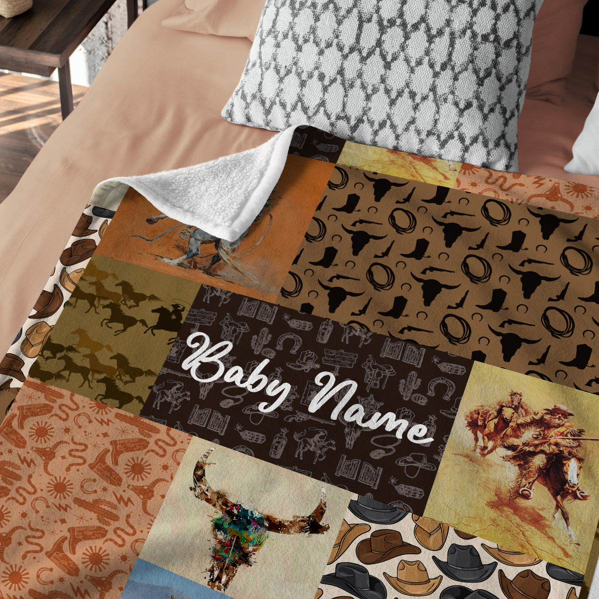 Personalized Baby Cowboy Blankets Pattern for Girls Boys, Baby Stuff, Custom Baby Blankets Name Fleece Blankets for Newborn Infant Son