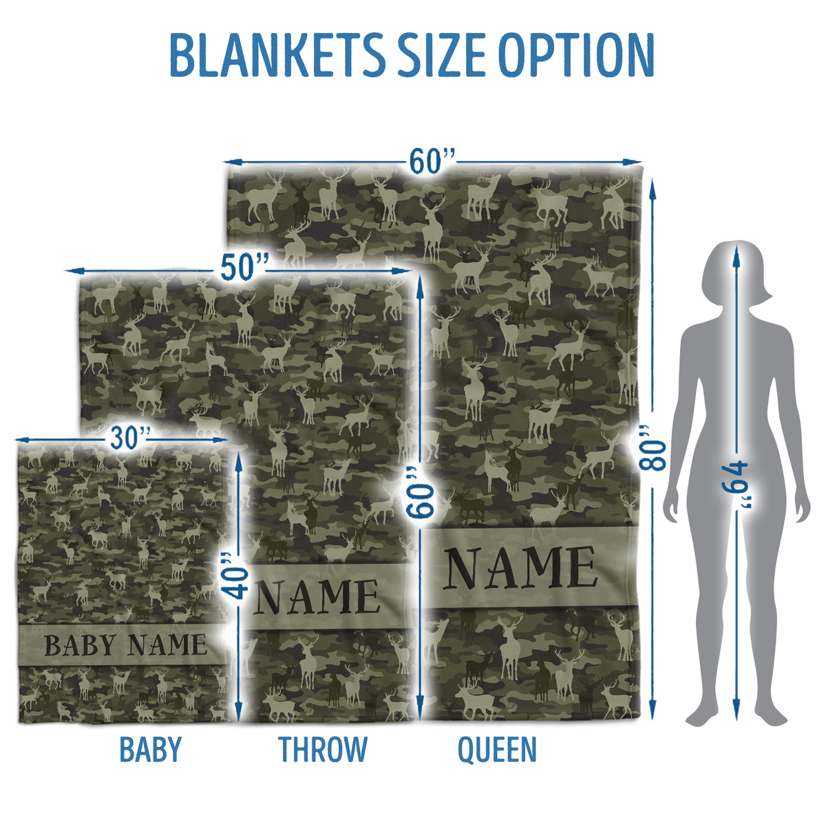 Personalized Baby Deer Camo Camouflage Blanket, 100% Soft and Silky Polyester, Unisex, Modern, Animal Theme, Skin Friendly, Breathable, Lightweight