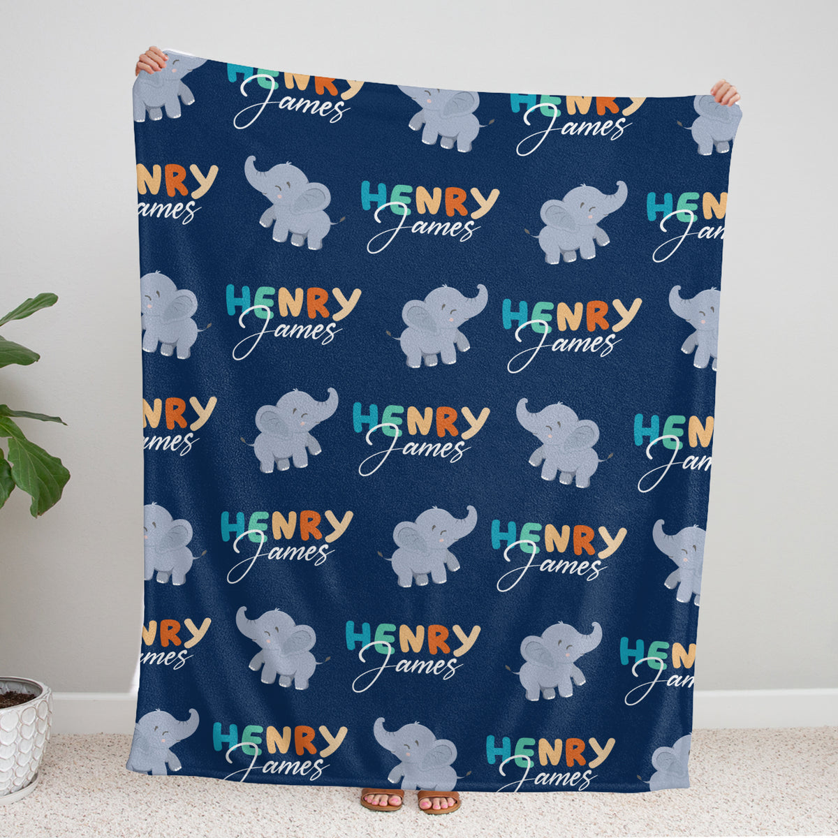 Personalized Baby Elephant Blanket, Blue Swaddle Blanket, 3 Sizes Plush Blankets for Baby Newborn Infant, Gift For Baby