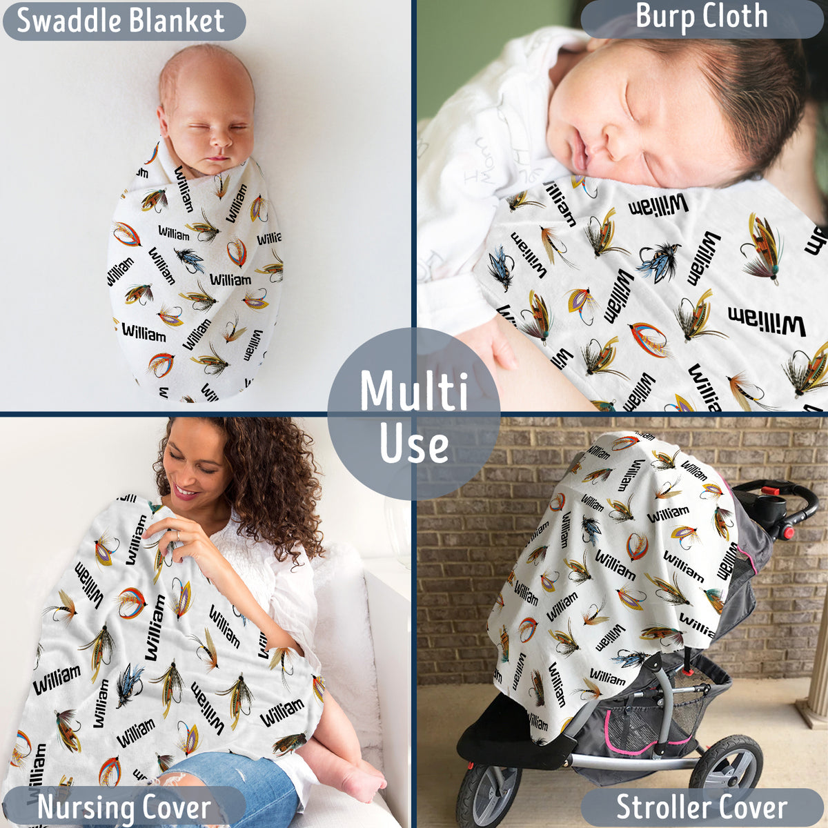 Personalized Baby Fishing Blanket, Boys & Girls, Custom Name, Swaddle, Plush
