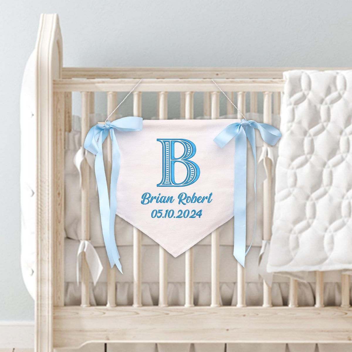 Personalized Baby Flag, Great gift for baby, Baby Canvas Hanging Pennant Flag, Newborn Baby Banner with Bows Ribbon