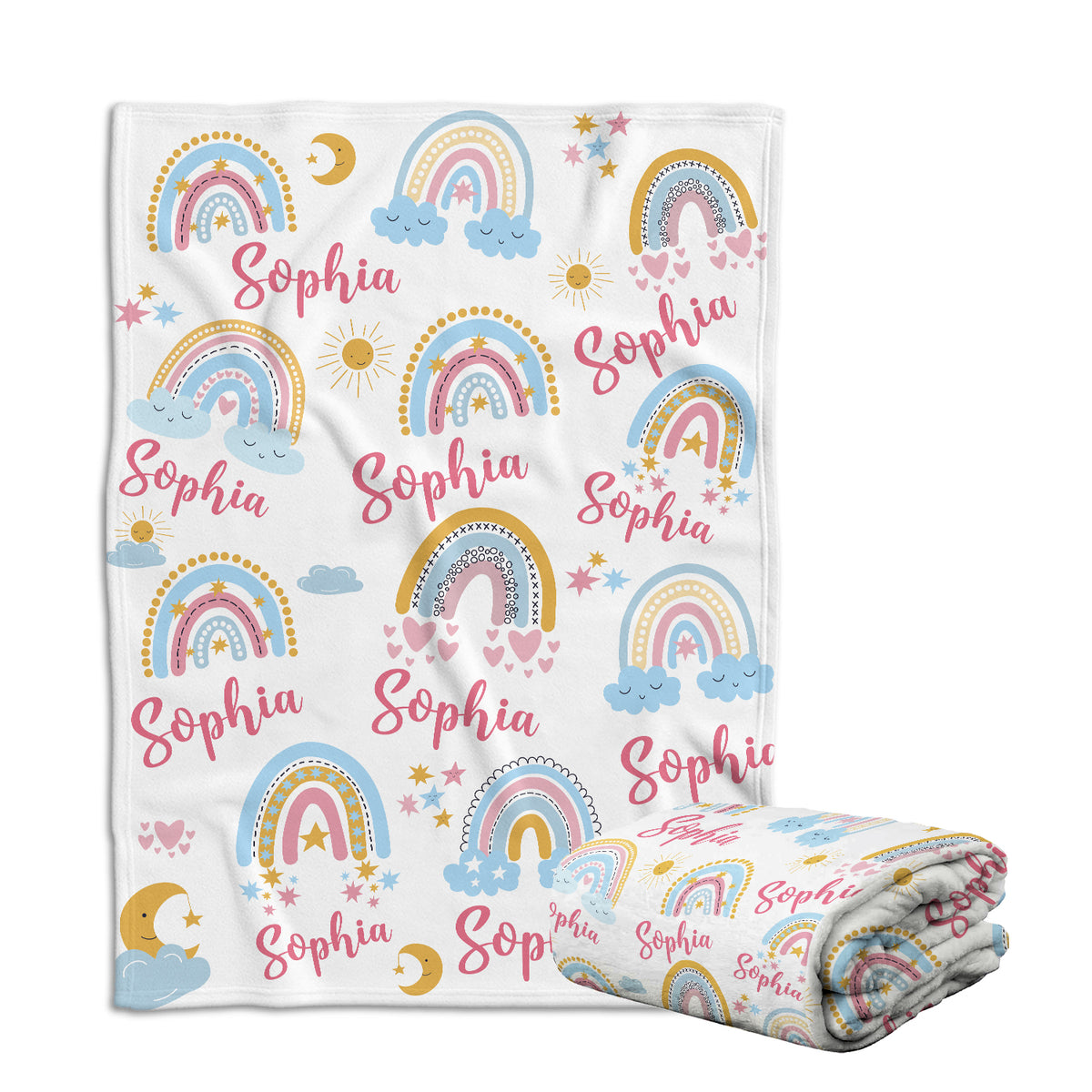 Personalized Baby Girl Rainbow Swaddle Blanket, Custom Name, 3 Sizes Plush Blankets for Daughter/Granddaughter Newborn Infant