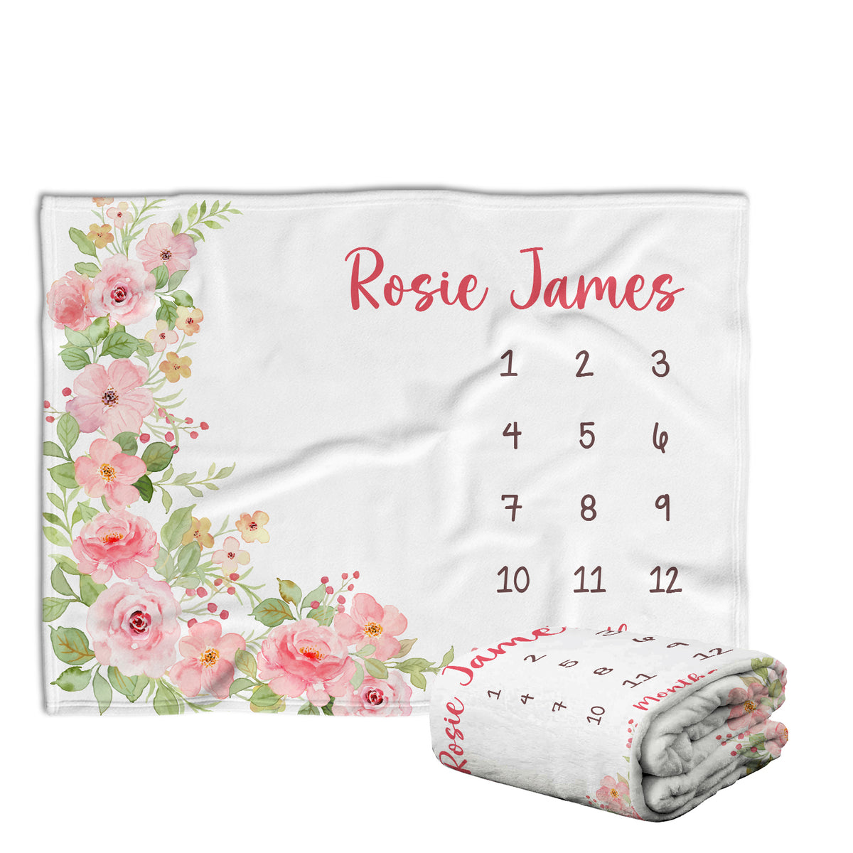 Personalized Baby Milestone Blankets with Name, Pink Flowers Baby Blanket, Floral Custom Monthly Milestone Blanket, Newborn Growth Chart Daughter