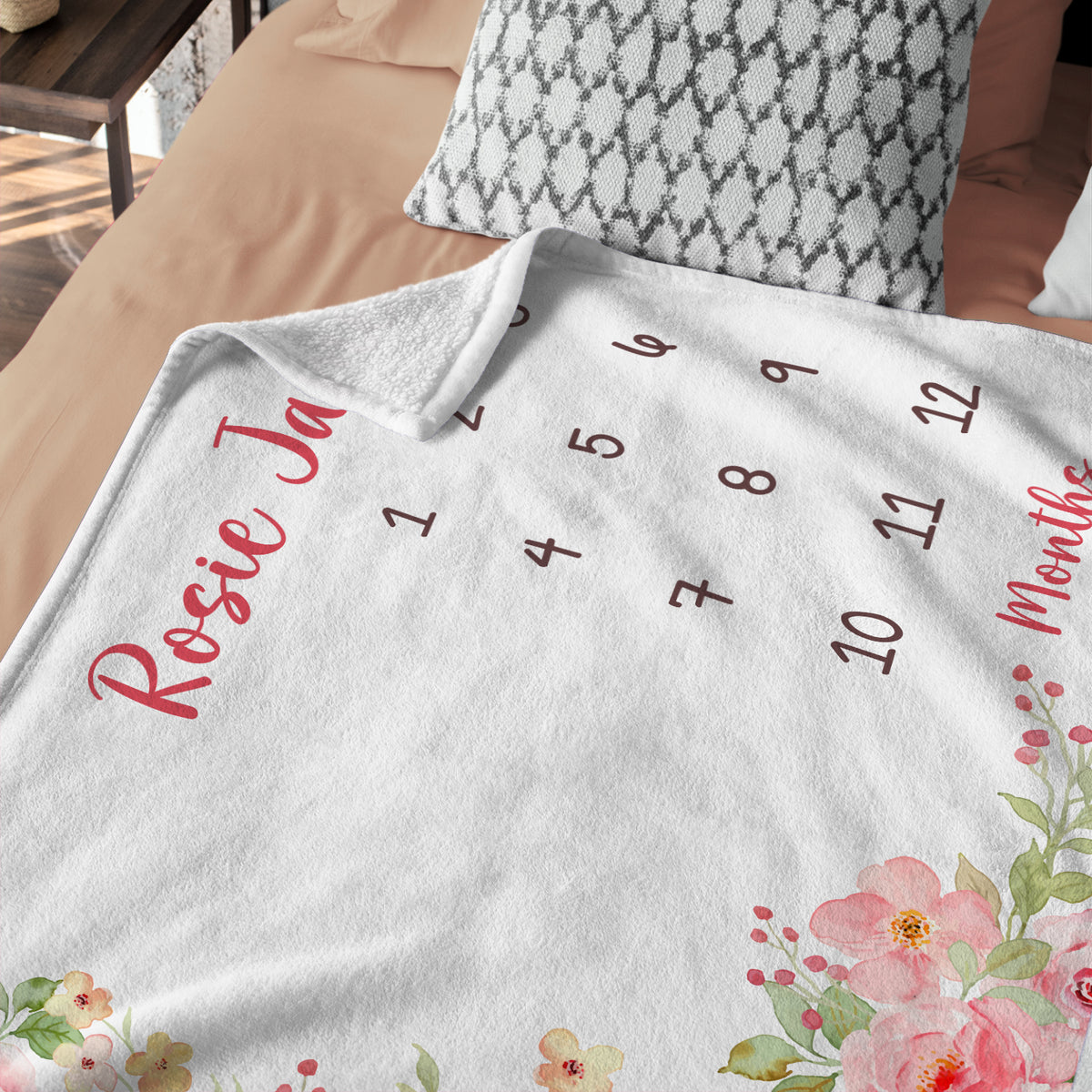 Personalized Baby Milestone Blankets with Name, Pink Flowers Baby Blanket, Floral Custom Monthly Milestone Blanket, Newborn Growth Chart Daughter