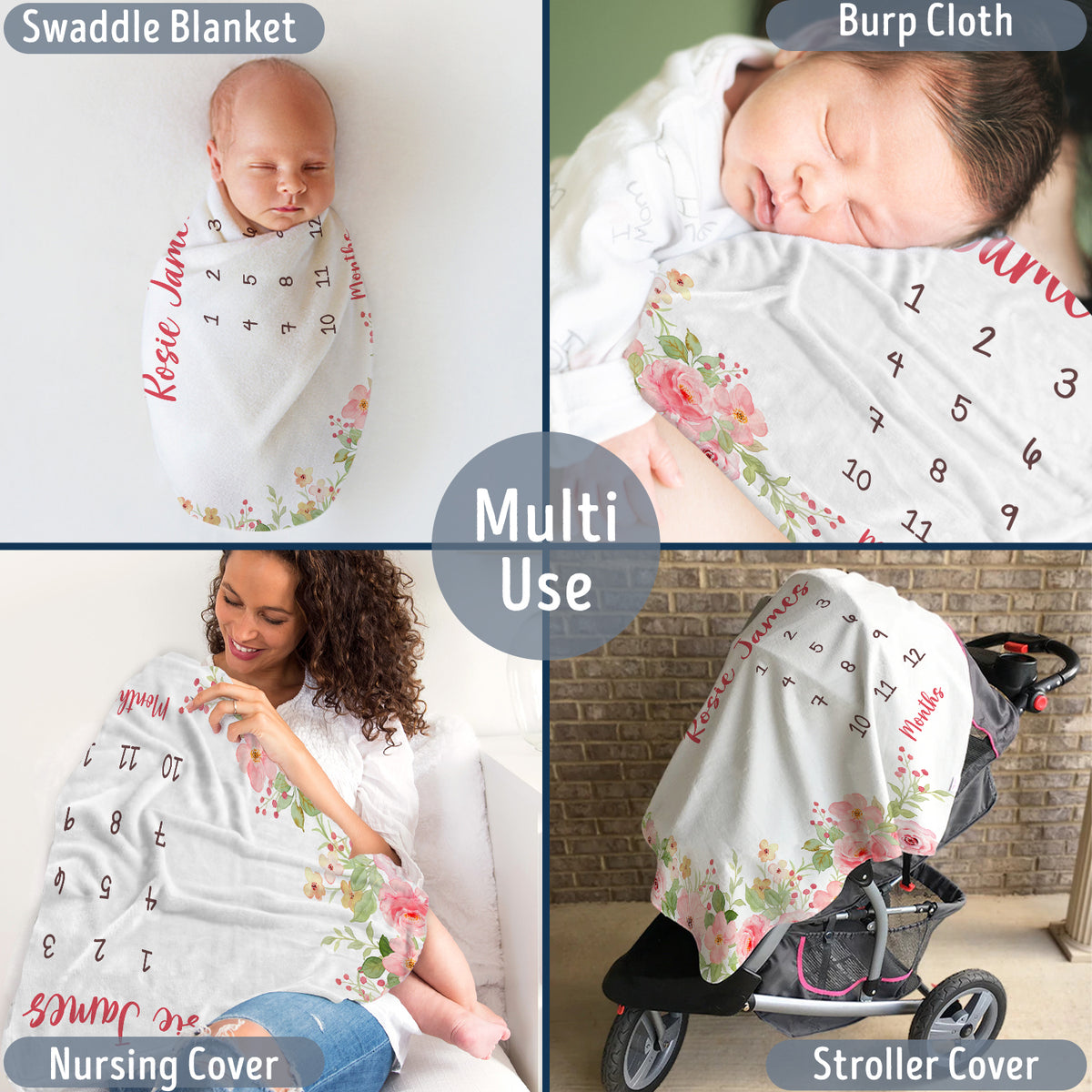 Personalized Baby Milestone Blankets with Name, Pink Flowers Baby Blanket, Floral Custom Monthly Milestone Blanket, Newborn Growth Chart Daughter