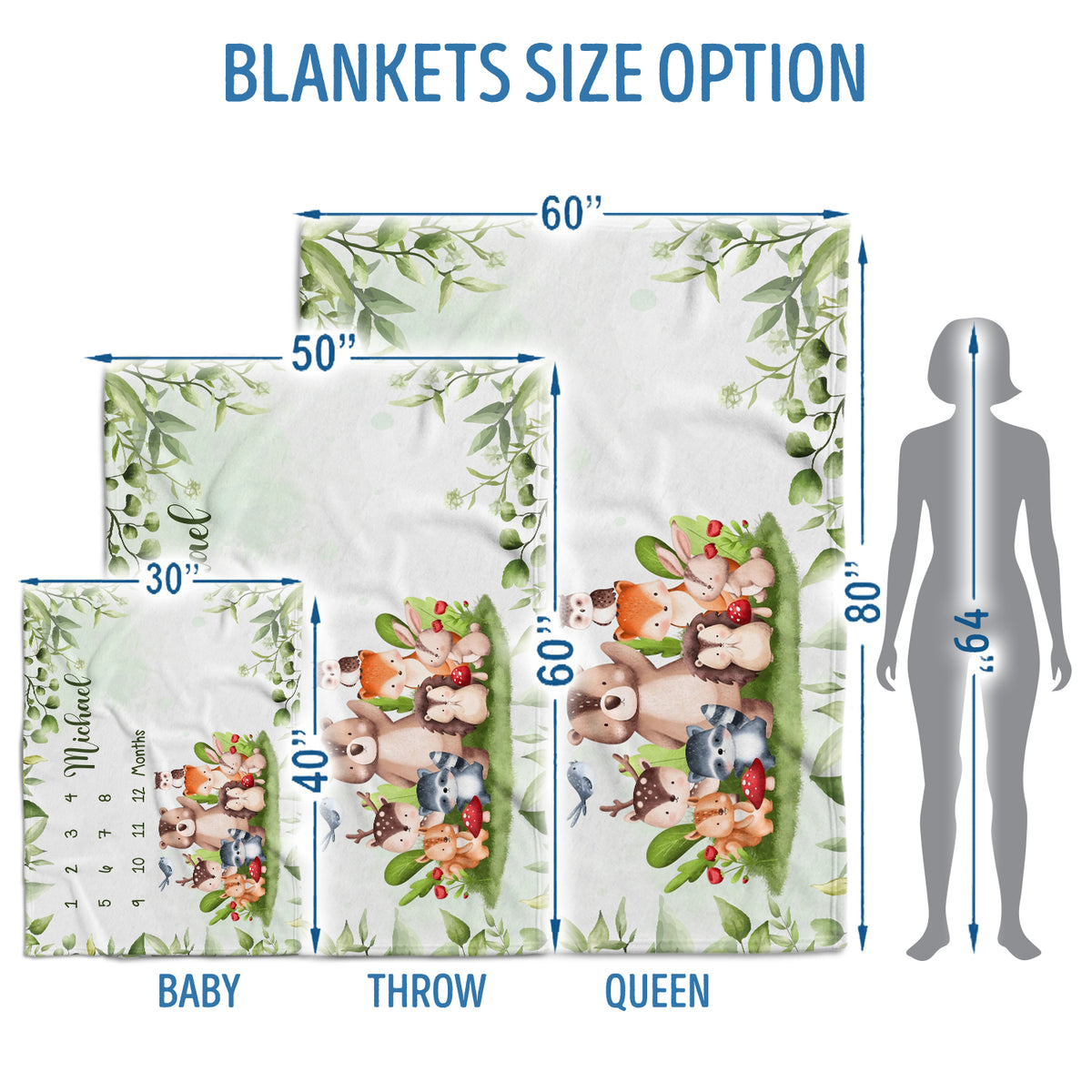 Personalized Baby Milestone Blankets with Name for Baby Boy Girl, Custom Monthly Milestone Blanket Woodland, Baby Photography Backdrop Prop Blanket, Newborn Growth Chart