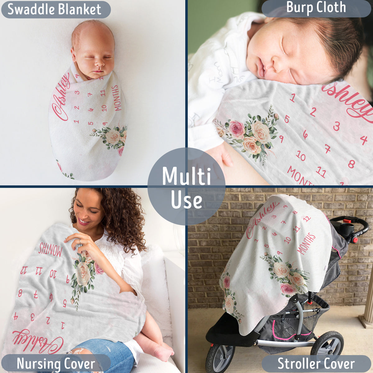 Personalized Baby Milestone Blankets with Name for Baby Girl, Pink Flowers Custom Monthly Milestone Blanket, Baby Photography Backdrop Prop Blanket, Newborn Growth Chart Daughter