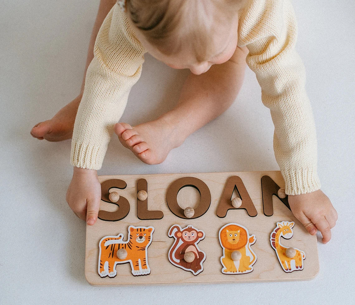 Personalized Baby Name Puzzle Safari Theme Puzzle First Birthday Gift for Baby Wooden Natural Developing Toy Lion Tiger Elephant Puzzle