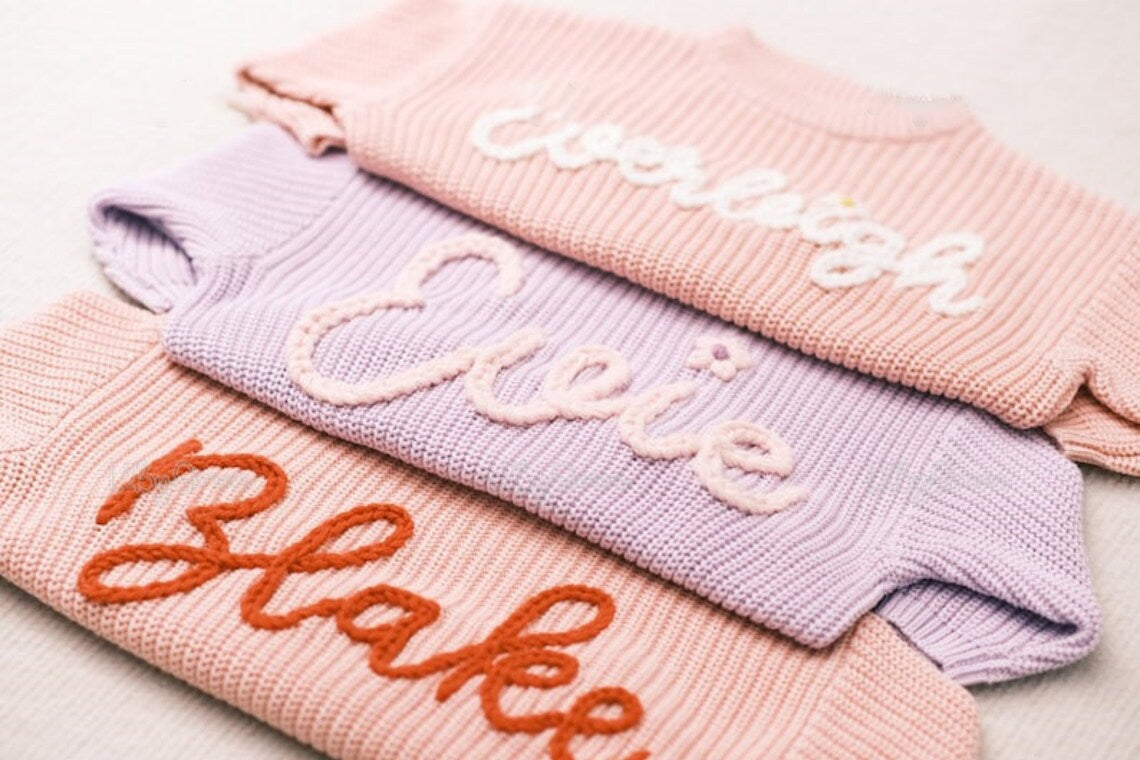 Personalized Baby Sweater with Hand-Embroidered Name & Monogram - A Special Gift for Baby Girl