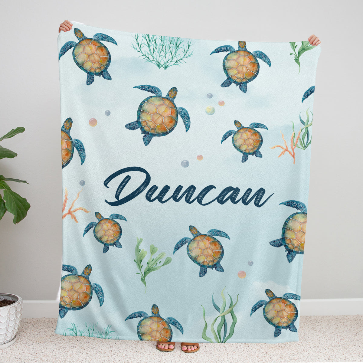 Personalized Baby Turtle Blankets for Boys, Custom Baby Blankets Name, Sea Turtle Swaddle Blanket, 3 Sizes Plush Blankets for Newborn
