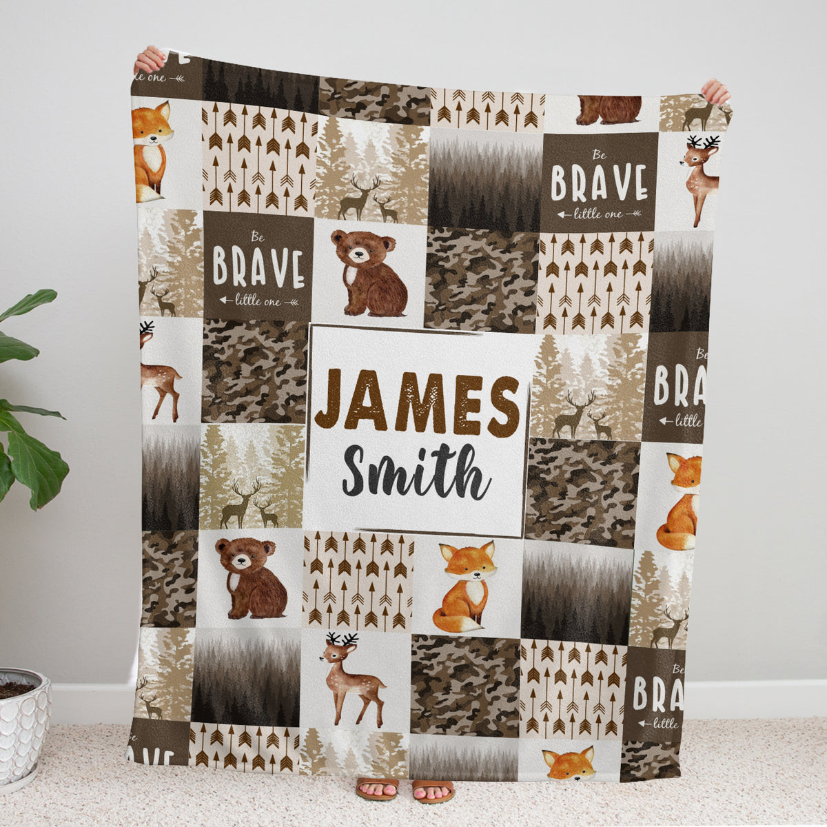 Personalized Baby Woodland Blanket for Boys - Custom Name Brown Swaddle, 3 Sizes Plush for Newborn Son