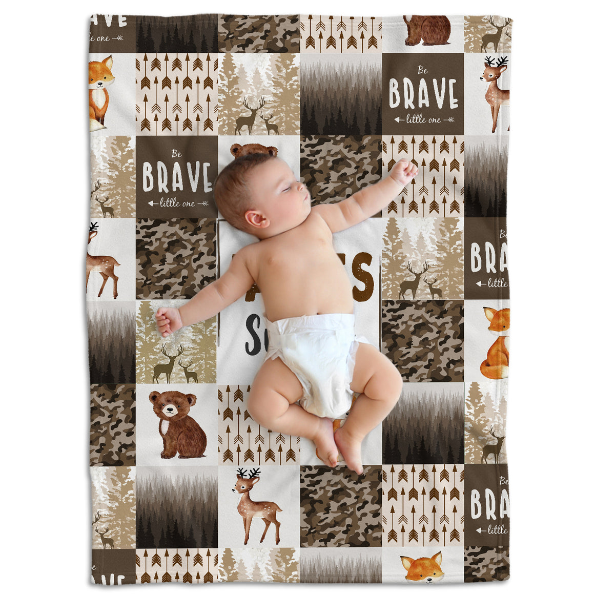 Personalized Baby Woodland Blanket for Boys - Custom Name Brown Swaddle, 3 Sizes Plush for Newborn Son