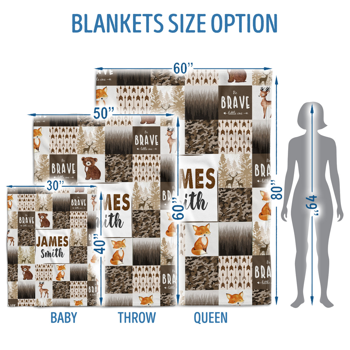 Personalized Baby Woodland Blanket for Boys - Custom Name Brown Swaddle, 3 Sizes Plush for Newborn Son