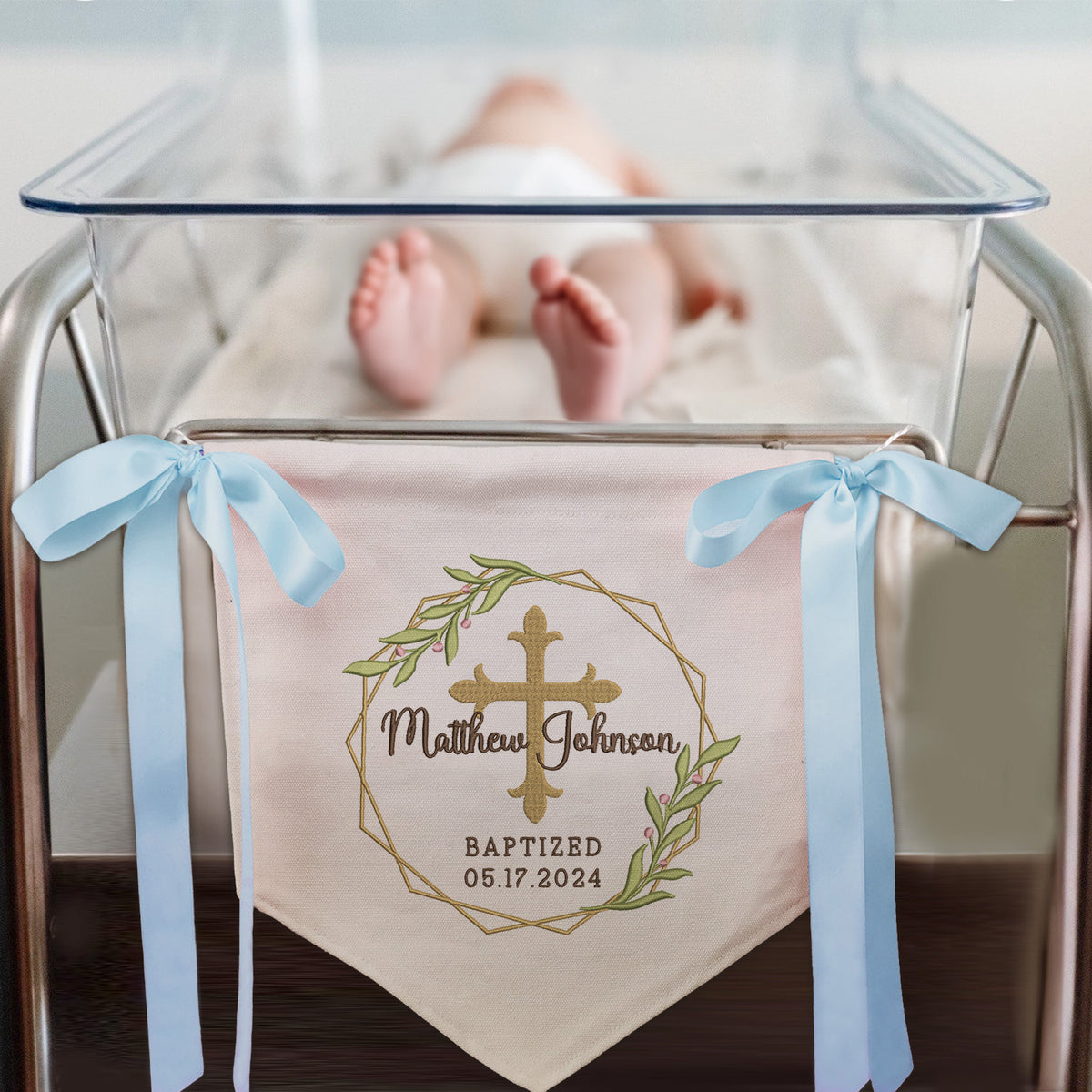 Personalized Baptism Banner with Embroidered Cross, Baby Crib Canvas Hanging Pennant Flag, Newborn Baby Banner with Bows Ribbon, Great gift for baby