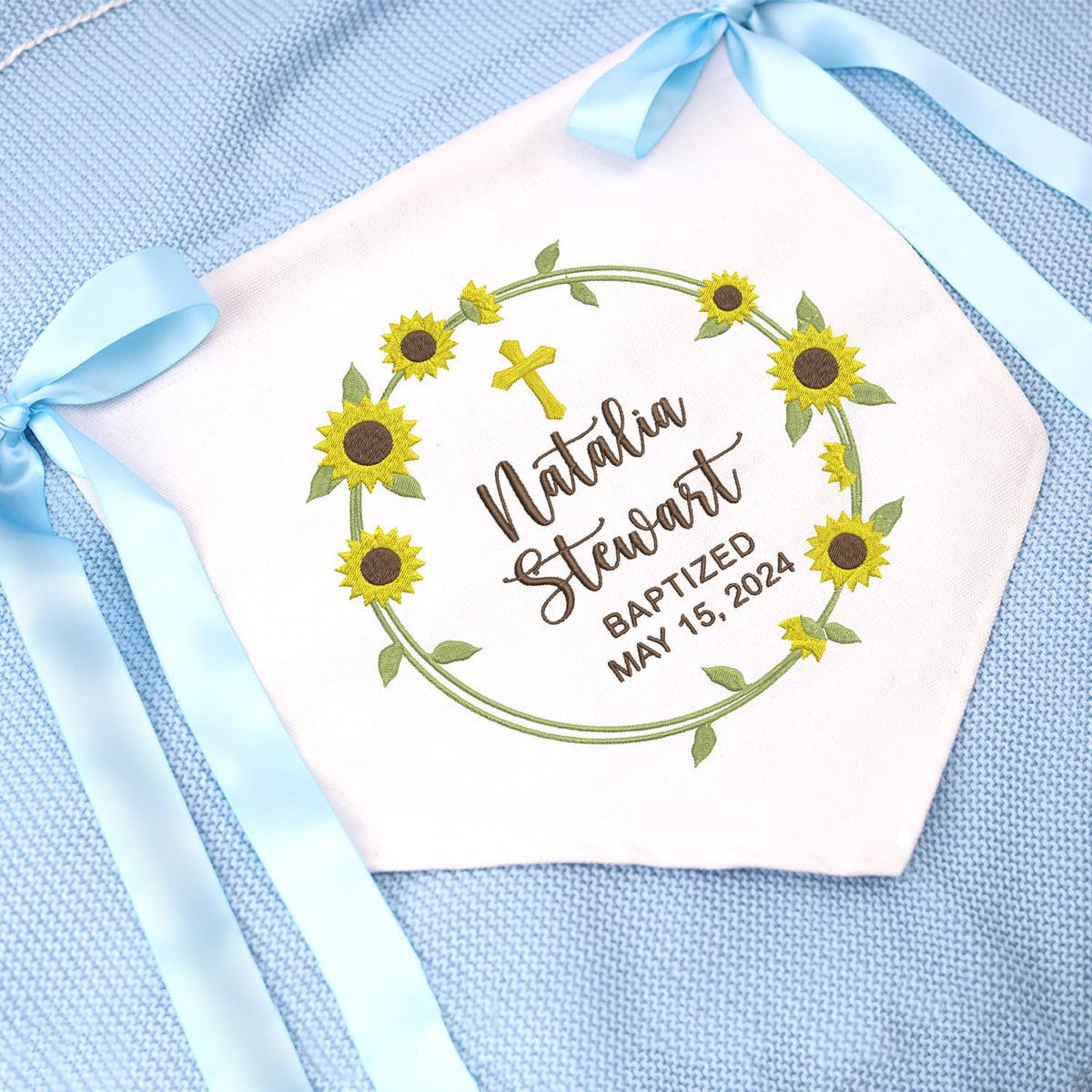 Personalized Baptism Banner with Embroidered Cross, Newborn Baby Banner with Bows Ribbon, Baby Crib Canvas Hanging Pennant Flag, Gift For Baby