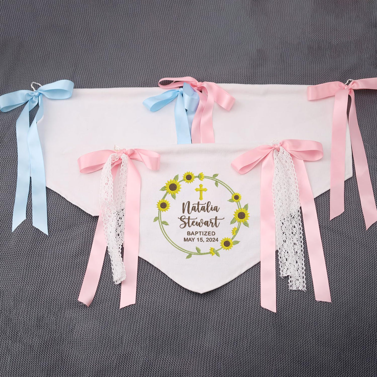 Personalized Baptism Banner with Embroidered Cross, Newborn Baby Banner with Bows Ribbon, Baby Crib Canvas Hanging Pennant Flag, Gift For Baby