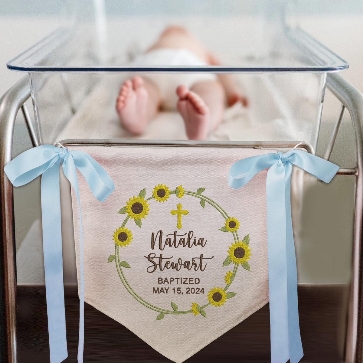 Personalized Baptism Banner with Embroidered Cross, Newborn Baby Banner with Bows Ribbon, Baby Crib Canvas Hanging Pennant Flag, Gift For Baby