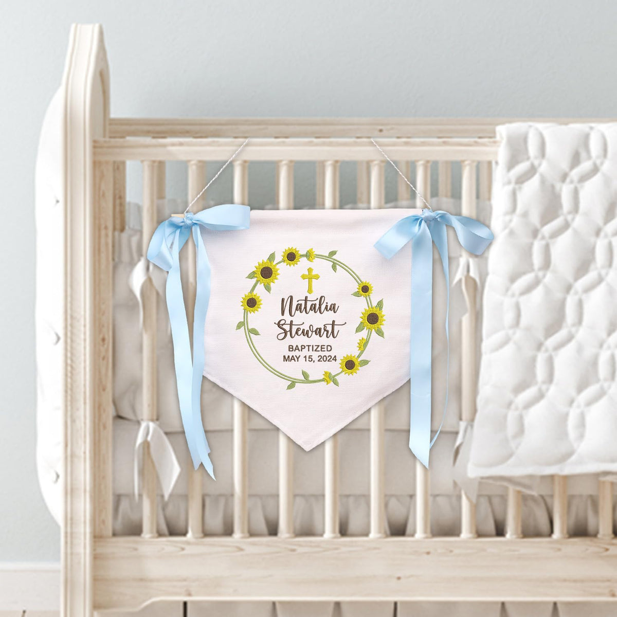 Personalized Baptism Banner with Embroidered Cross, Newborn Baby Banner with Bows Ribbon, Baby Crib Canvas Hanging Pennant Flag, Gift For Baby