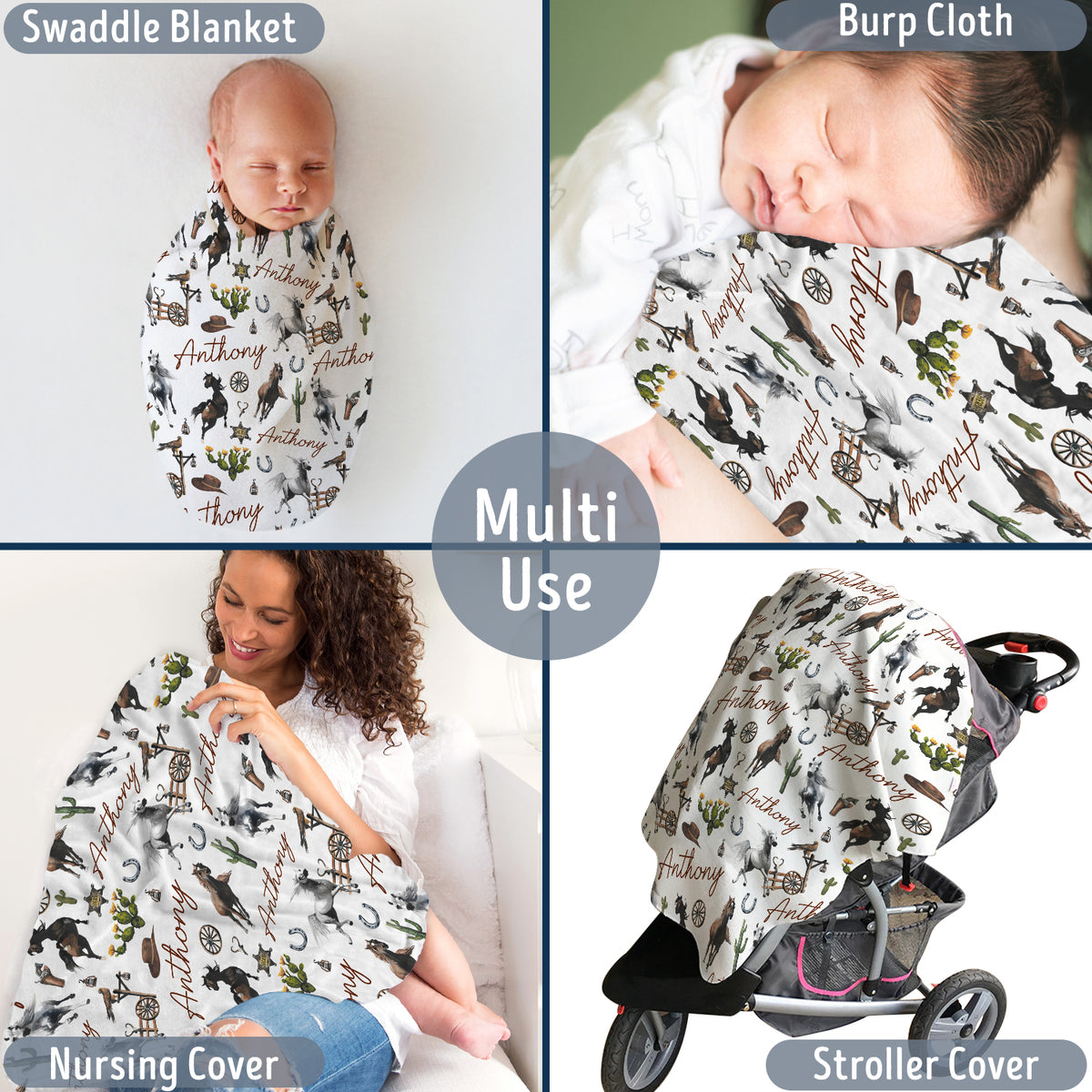 Personalized Cactus & Horse Blankets for Boys Girls, Custom Name Fleece Blanket for Infant Newborn Son Daughter