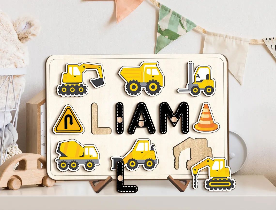 Personalized Construction Wooden Name Puzzle, Dump Truck, Backhoe, Digger Construction Set, Birthday Gifts for Baby Boy