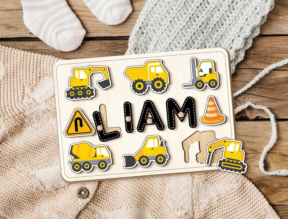 Personalized Construction Wooden Name Puzzle, Dump Truck, Backhoe, Digger Construction Set, Birthday Gifts for Baby Boy