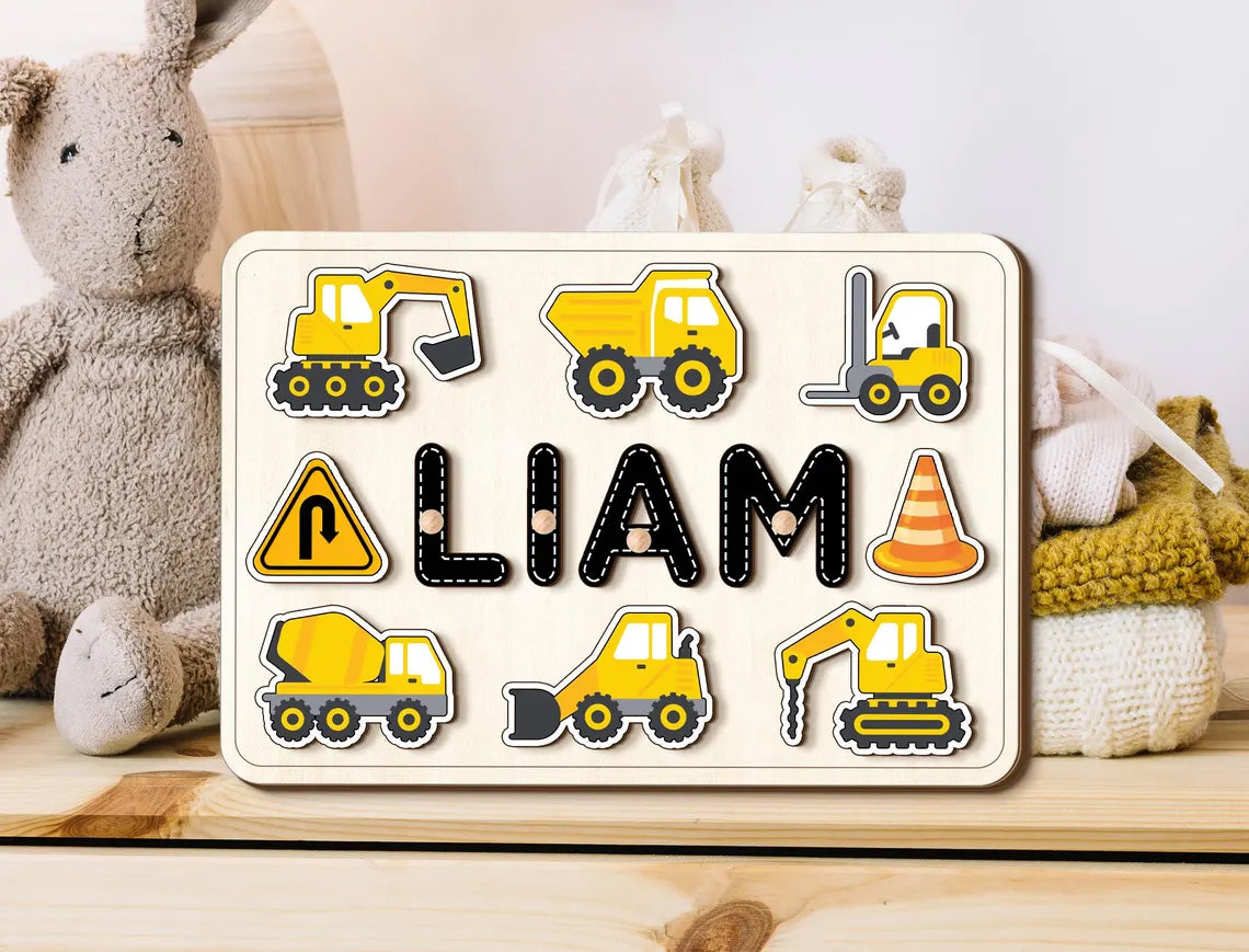 Personalized Construction Wooden Name Puzzle, Dump Truck, Backhoe, Digger Construction Set, Birthday Gifts for Baby Boy