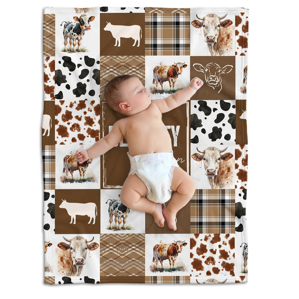 Personalized Cow Baby Blankets for Boys Girls, Custom Name Cow Prints Swaddle Blanket for Crib Stroller Travel Bed