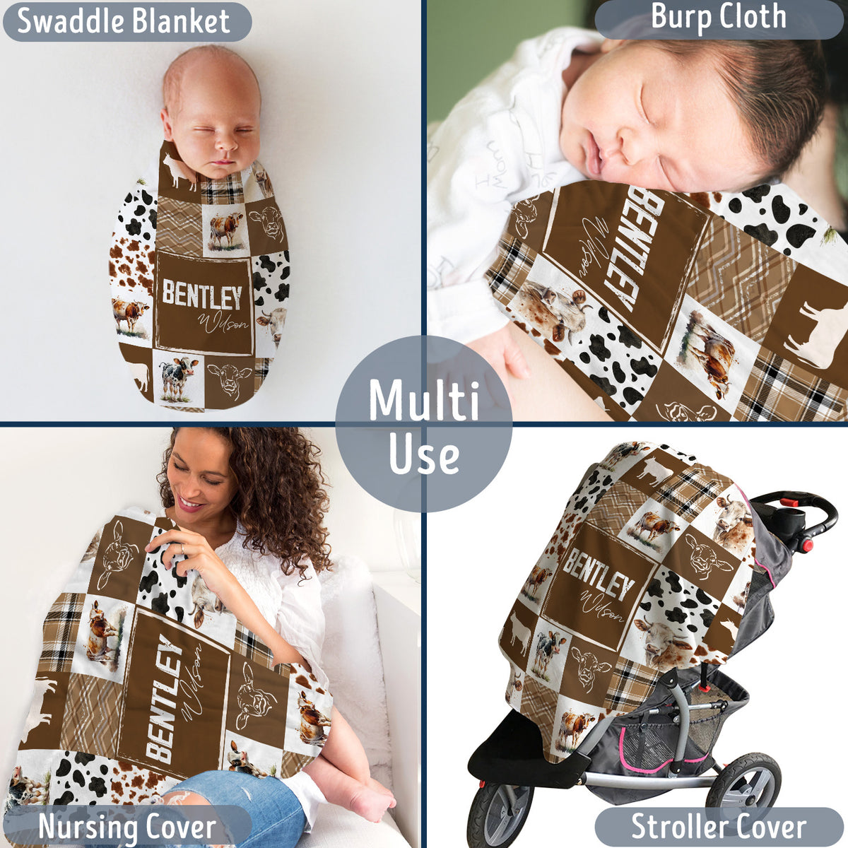 Personalized Cow Baby Blankets for Boys Girls, Custom Name Cow Prints Swaddle Blanket for Crib Stroller Travel Bed