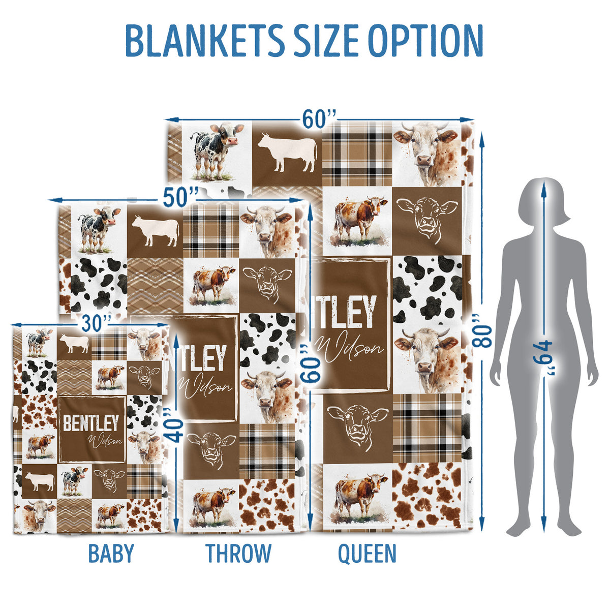Personalized Cow Baby Blankets for Boys Girls, Custom Name Cow Prints Swaddle Blanket for Crib Stroller Travel Bed