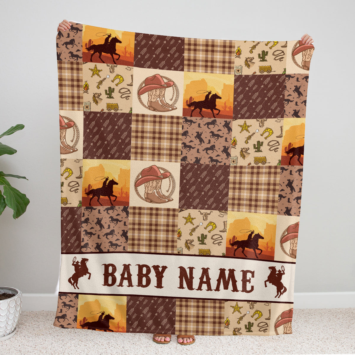 Personalized Cowboy Baby Blanket - Western Fleece for Boys, Brown Custom Name Blanket for Infant Newborn Son Daughter