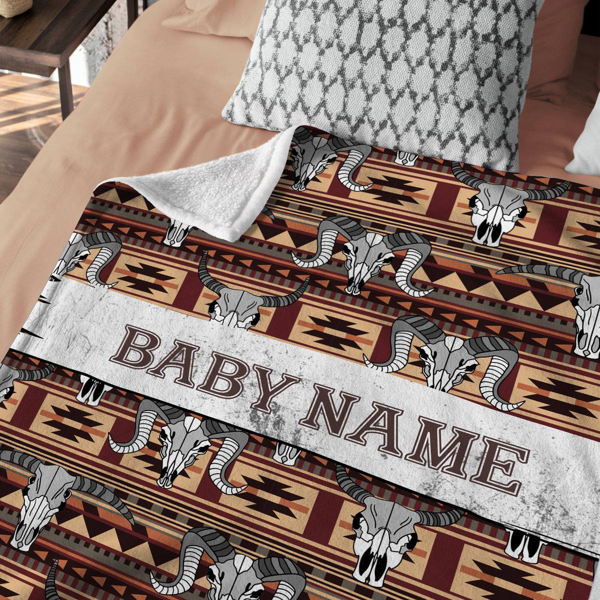 Personalized Cowboy Baby Blankets for Baby, Skull Longhorn Custom Baby Blankets Name, Tribal Pattern Fleece Blankets for Infant Newborn
