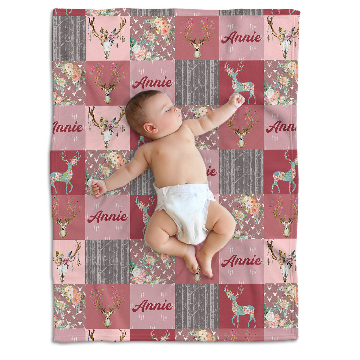 Personalized Deer Baby Blanket for Girls - Woodland Theme With Pink Flowers, Custom Name, Swaddle, 3 Sizes Plush