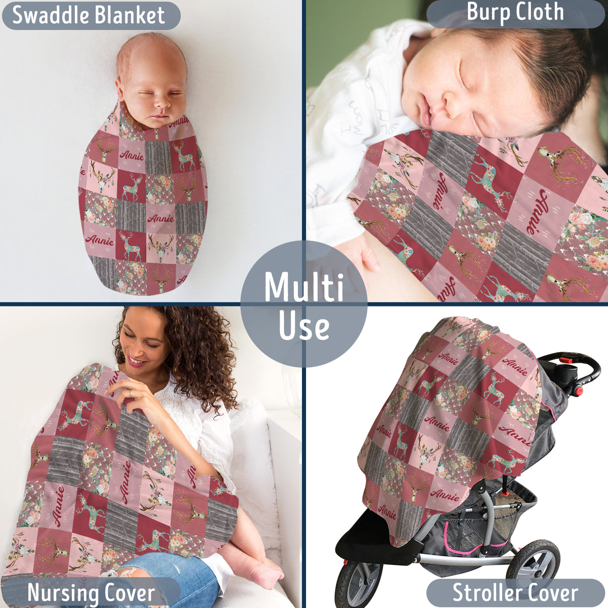 Personalized Deer Baby Blanket for Girls - Woodland Theme With Pink Flowers, Custom Name, Swaddle, 3 Sizes Plush
