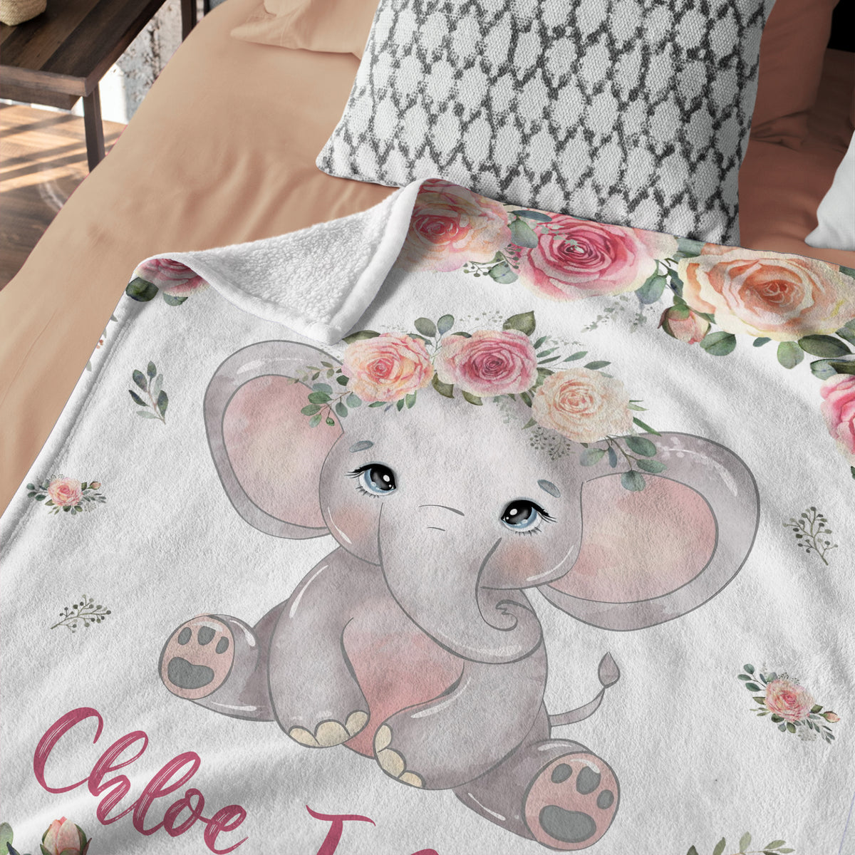 Personalized Elephant Baby Blankets for Girl, Baby Girl Stuff, Pink Flowers Blankets, Custom Baby Blankets with Name