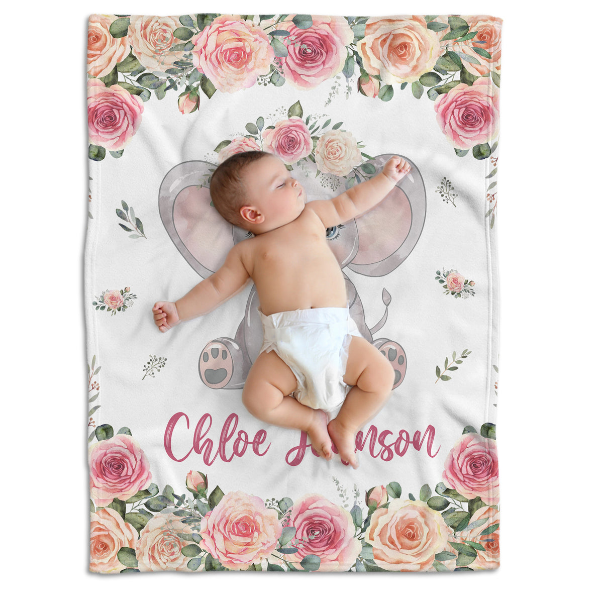 Personalized Elephant Baby Blankets for Girl, Baby Girl Stuff, Pink Flowers Blankets, Custom Baby Blankets with Name