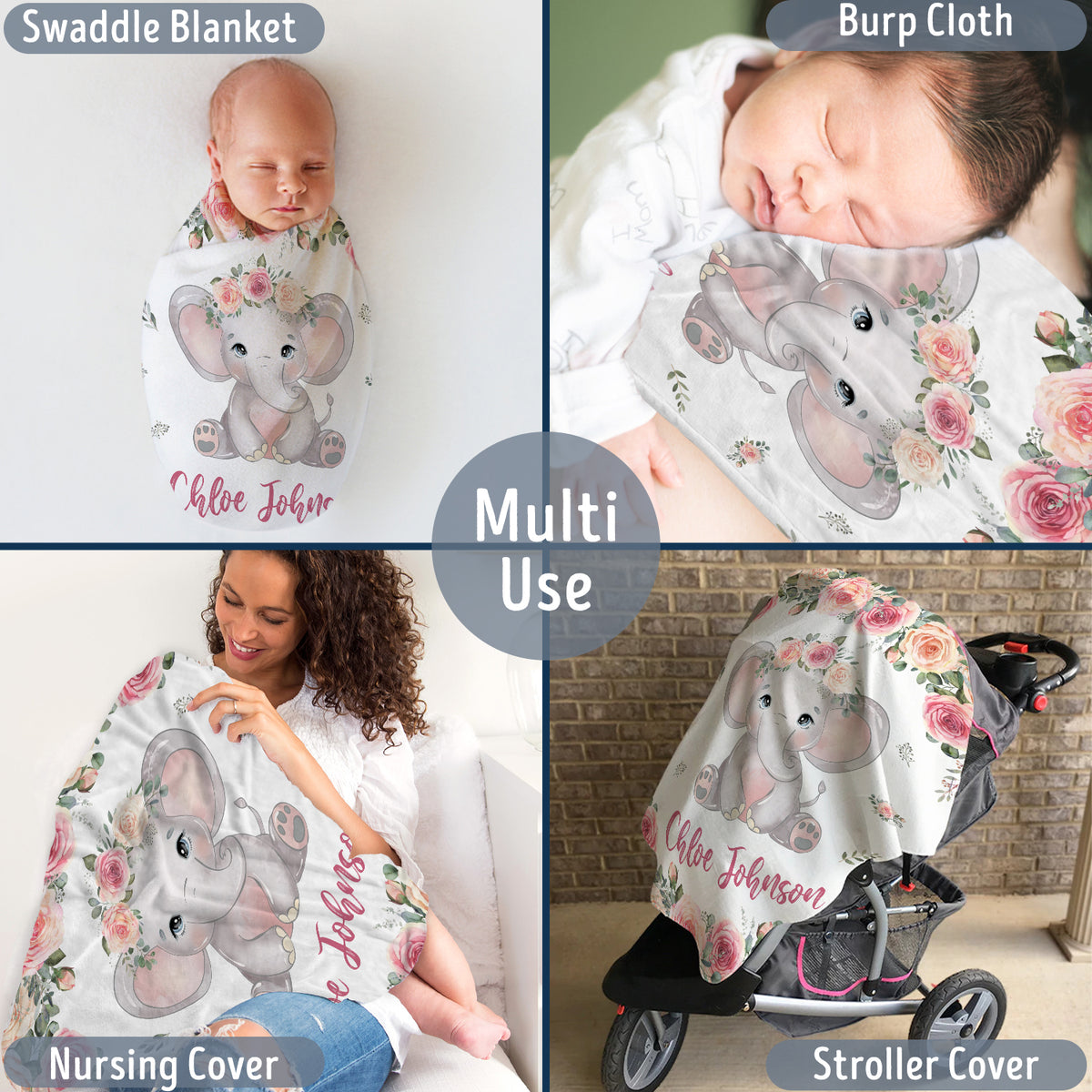 Personalized Elephant Baby Blankets for Girl, Baby Girl Stuff, Pink Flowers Blankets, Custom Baby Blankets with Name