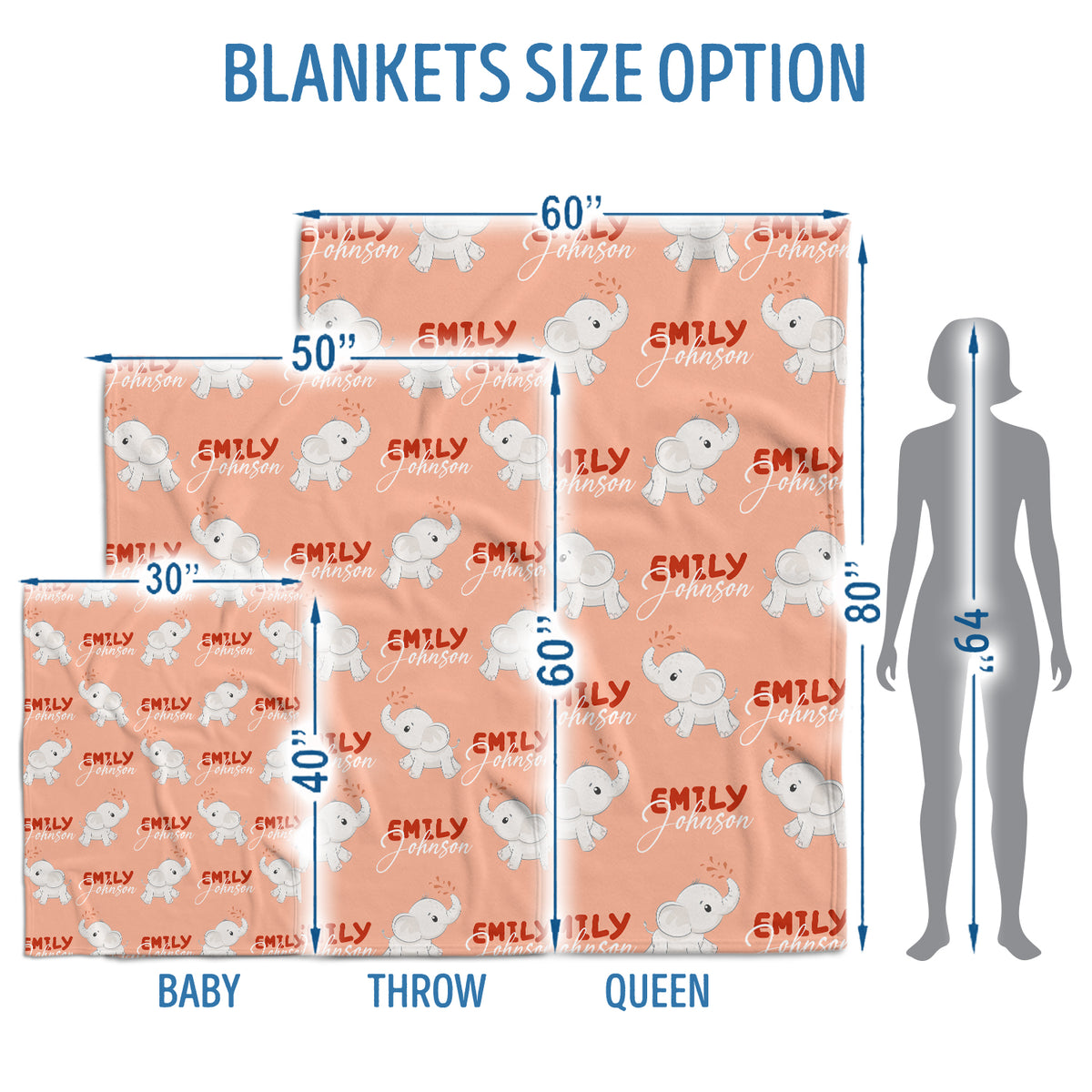 Personalized Elephant Baby Blankets for Girls - Custom Swaddle Blankets with Name, 3 Sizes Plush Blankets for Newborn Daughter or Granddaughter