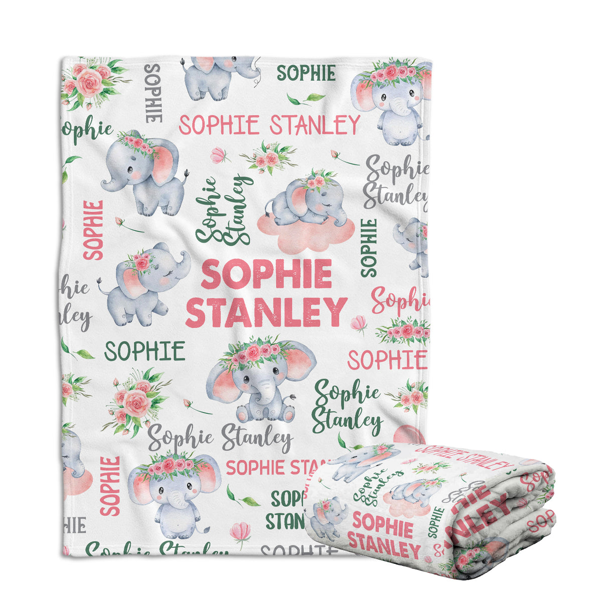 Personalized Elephant Baby Blankets for Girls, Pink Flowers Baby Girl Swaddle Blanket, Plush Blankets for Newborn Infant Daughter Granddaughter
